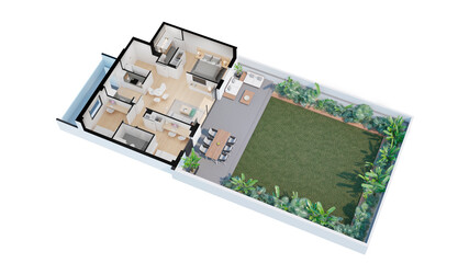 Plano comercial 3D con jardín  para constructoras e inmobiliarias realstate