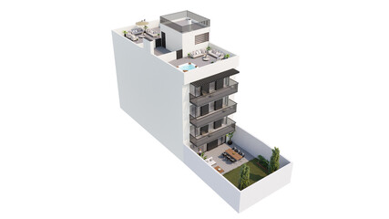 Edificio con jardín y terraza isometrico  3D