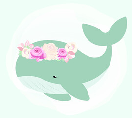 Sea whale with wreath of flowers. Vector illustration.