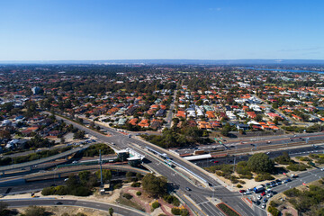 Aerial view of Intersection of the Canning Highway and Kwinana Freeway in the Como district. Perth,...