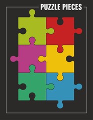 Puzzle pieces, jigsaw puzzle. Six pieces. Vector illustration.