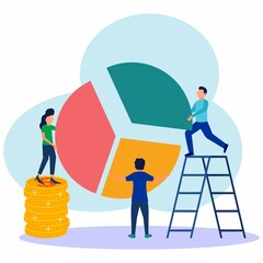 Vector illustration, business concept, financial management, statistics and revenue results, business people work together to collect separate graph pieces.