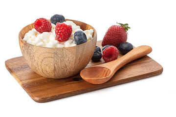 wooden bowl with cottage cheese and berries standing on wooden board. isolated on white background