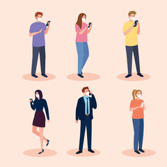 Fototapeta premium group people wearing medical mask against covid 19 using smartphone, social media coronavirus concept vector illustration design