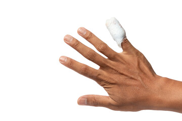 hands and the little finger have a white bandage
