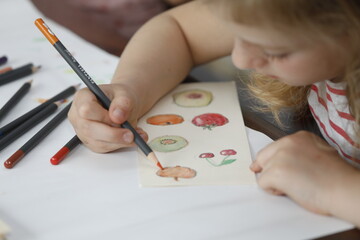 Mädchen malt Früchte mit Aquarell Wasserfarbe.