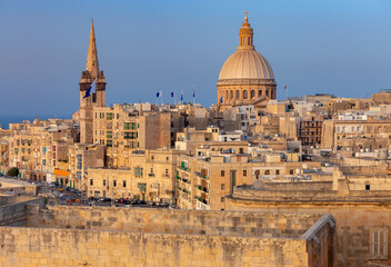 Fototapeta na wymiar Valletta. The Basilica of Our Lady and the Tower of the Cathedral.