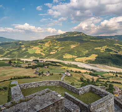 View on the river Ceno valley from the ramparts of the castle of Bardi. Parma province, Emilia and Romagna, Italy.