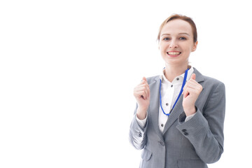 大笑いをするスーツを着たビジネスウーマン