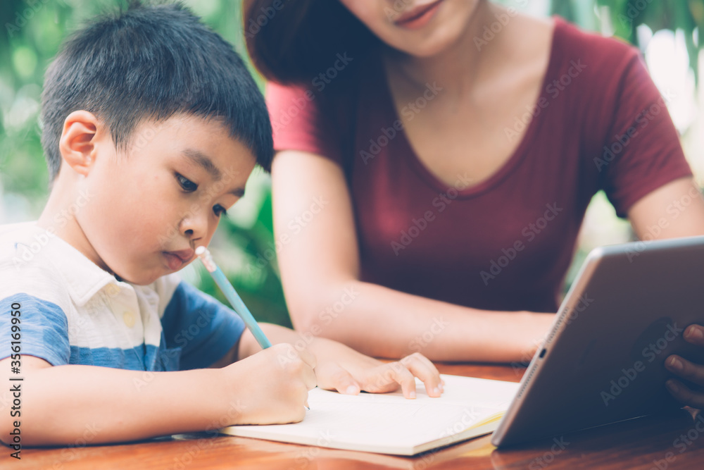 Wall mural son using digital tablet computer for study and learn to internet online with mother together, educa