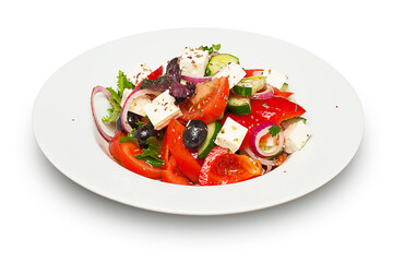 Salad with cheese and fresh vegetables isolated on white background. Greek salad.
