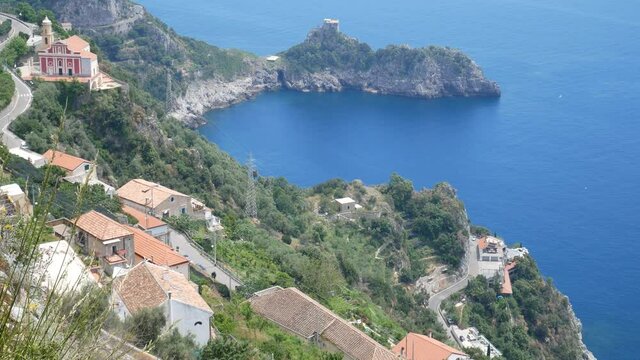 Promontory and tower of Capo di Conca in the municipality of Conca dei Marini. Coastal tower on the mediterranean sea. Amalfi Coast, Salerno, Campania, Italy
