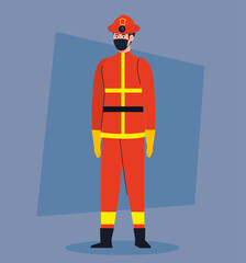 firefighter in covid 19, emergency service worker wearing medical mask against coronavirus vector illustration design