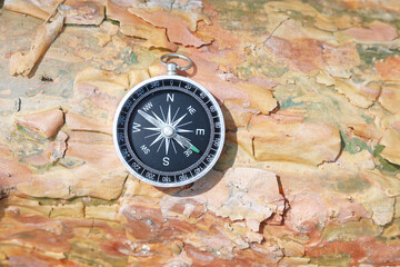 Fototapeta na wymiar round compass on natural background as symbol of tourism, travel and outdoor activities