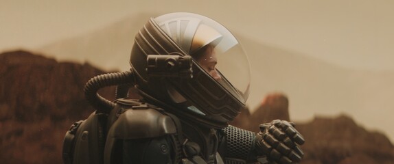 Caucasian female astronaunt checking hud on her suit while exploring planet surface, Mars...
