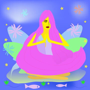 Fantastic illustration of a meditation woman with long pink hair on a magical blue background.