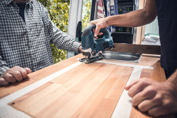 Jigsaw on a countertop inside a caravan