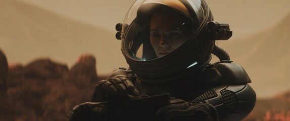 Caucasian female astronaunt checking hud on her suit while exploring planet surface, Mars colonization concept © supamotion