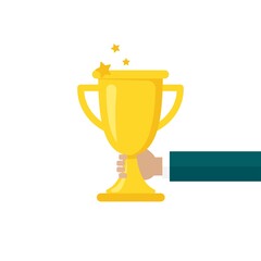 Hand with gold trophy, winning cup isolated on white background. First place, award bowl.