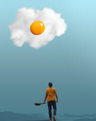 Surreal mountain blue landscape, man with pan looking for his egg in the sky