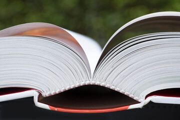 Close up of part of the side of an open book. Narrow depth of field