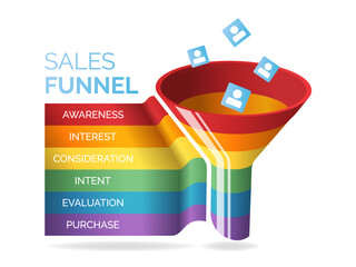 Business infographics with six stages of sales funnel on white background, vector illustration. Internet and social media marketing