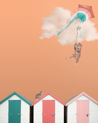 Surreal imaginary moment with a cat hanging from a kite while his enemy the mouse enjoys the scene