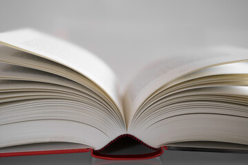Open book with red cover and narrow depth of field on light gray background