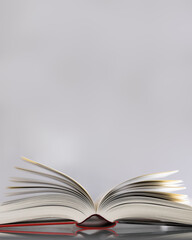 Open book with red cover and narrow depth of field on light background. Copy Space above the book