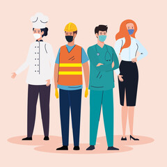 group workers wearing medical mask against covid 19 pandemic vector illustration design