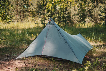 Ultralight tent in a pine forest. Sunny summer day.