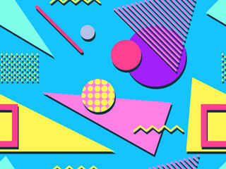Seamless pattern in the style of the 80s and 90s with geometric shapes and memphis elements. Trendy colorful retro background for promotional products, wrapping paper and printing. Vector illustration