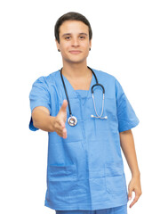 Greeting male nurse with short hair