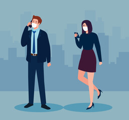 Obraz premium business couple wearing medical mask protection against covid 19, communicating by smartphone, social media coronavirus concept vector illustration design
