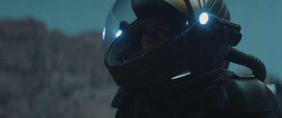 Caucasian female astronaunt wearing a space suit exploring planet surface, night shot © supamotion