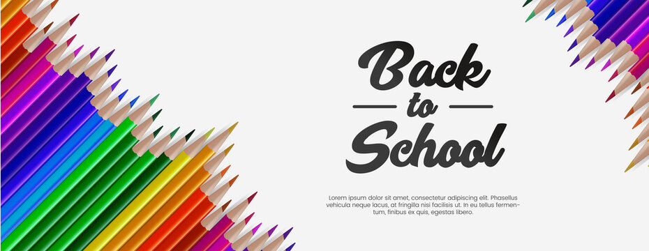 Back to School Banner template with realistic colored pencil Background. back to school sale banner, poster, flat design colorful, vector, chalkboard
