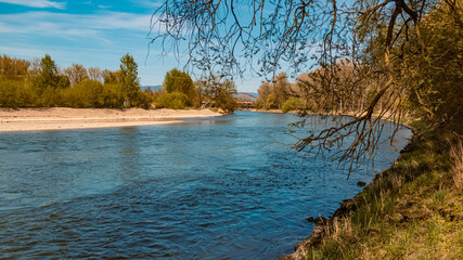 Beautiful spring view at the build site of the new Isar bridge, largest span arch bridge of bavaria...