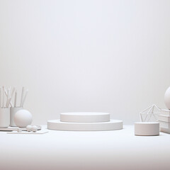 Modern Desktop Stage Arrangement With Decorations 3D Rendering.