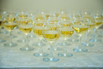 Glasses of white wine on the table at the Banquet