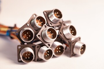 Close-up blurry metal sockets for plugs