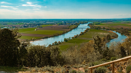 Beautiful spring view with the city of Straubing in the background at Bogenberg, Danube, Bavaria, Germany