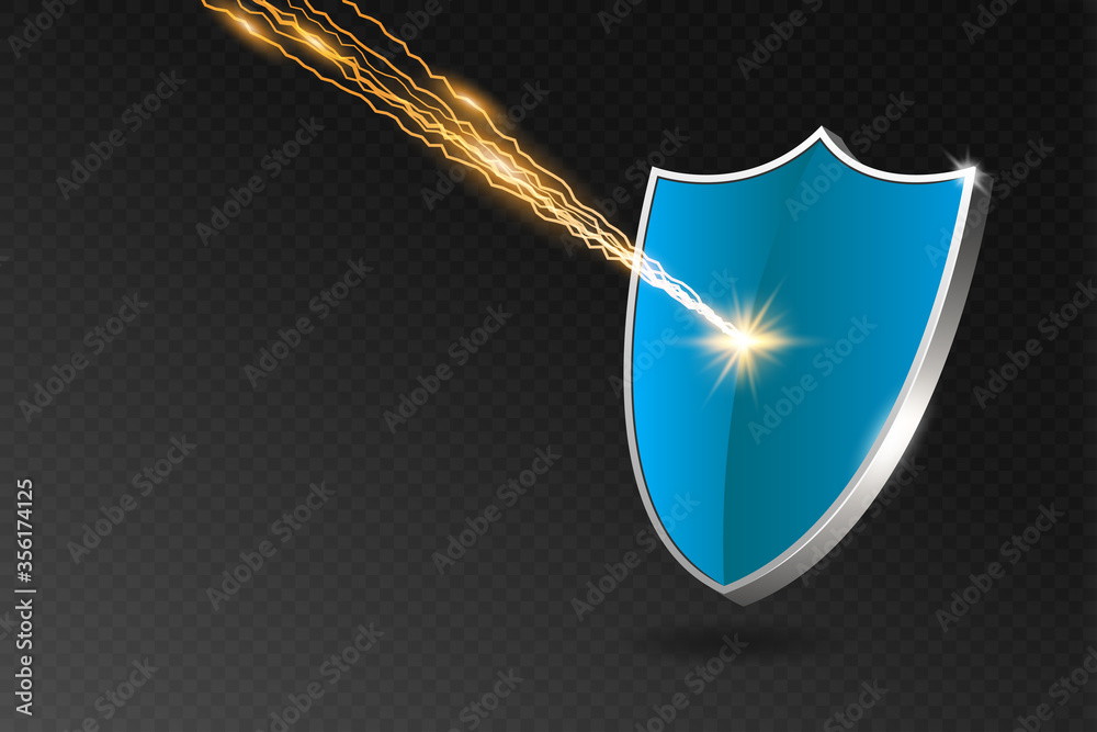 Poster blue shield reflects lightning strike. security shield on transparent background with shadow, rays a