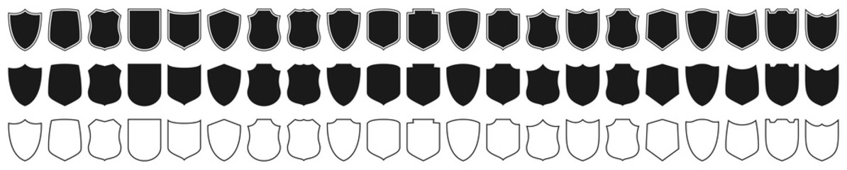 Shields set. Collection of security shield icons with contours and linear signs. Design elements for concept of safety and protection. Vector illustration. - obrazy, fototapety, plakaty