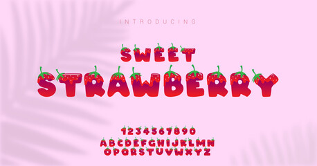 strawberry alphabet. Typography comic  designs concept. cartoon alphabet with melted strawberry font style. Vector illustration.