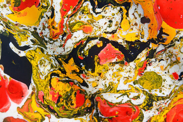 Fototapeta premium Closeup abstract color mixing of water, acrylic,oil and milk for use as background. Acrylic texture with marble pattern, multi color background. 