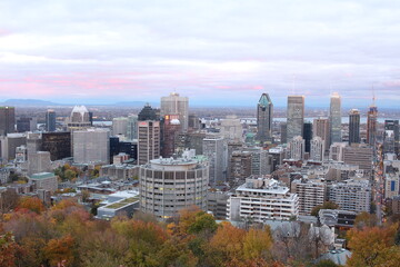 Skyline of downtown Montreal, buildings and skyscrapers in the cityscape, overcast sky