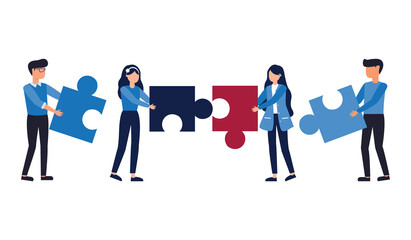 Partnership and teamwork concept,Vector illustration of Businessman and woman connecting puzzle elements of working on the project, Business analytics and cooperation