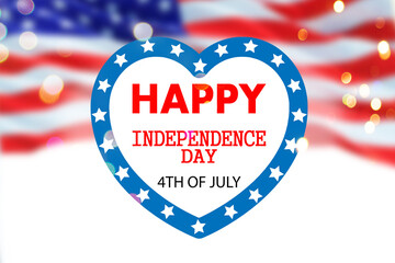 Fototapeta premium Happy independence day banner or card with heart emblem, american flag and blue sky