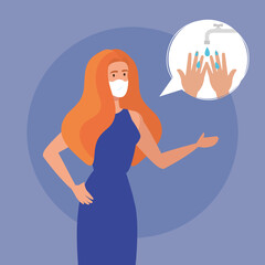 Businesswoman with mask and hands washing design, Disinfects clean antibacterial and hygiene theme Vector illustration