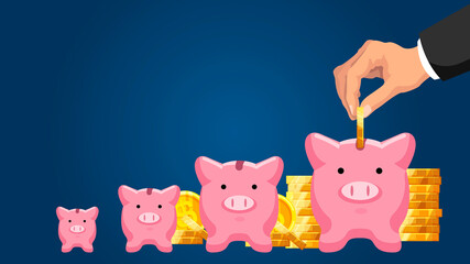 Financial assets. Businessman hand putting golden coin into piggy bank. Wealth and capital investment, retirement savings concept. Saving dollar coins in moneybox cartoon vector illustration.